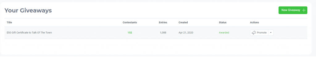 giveaways screenshot of contest stats